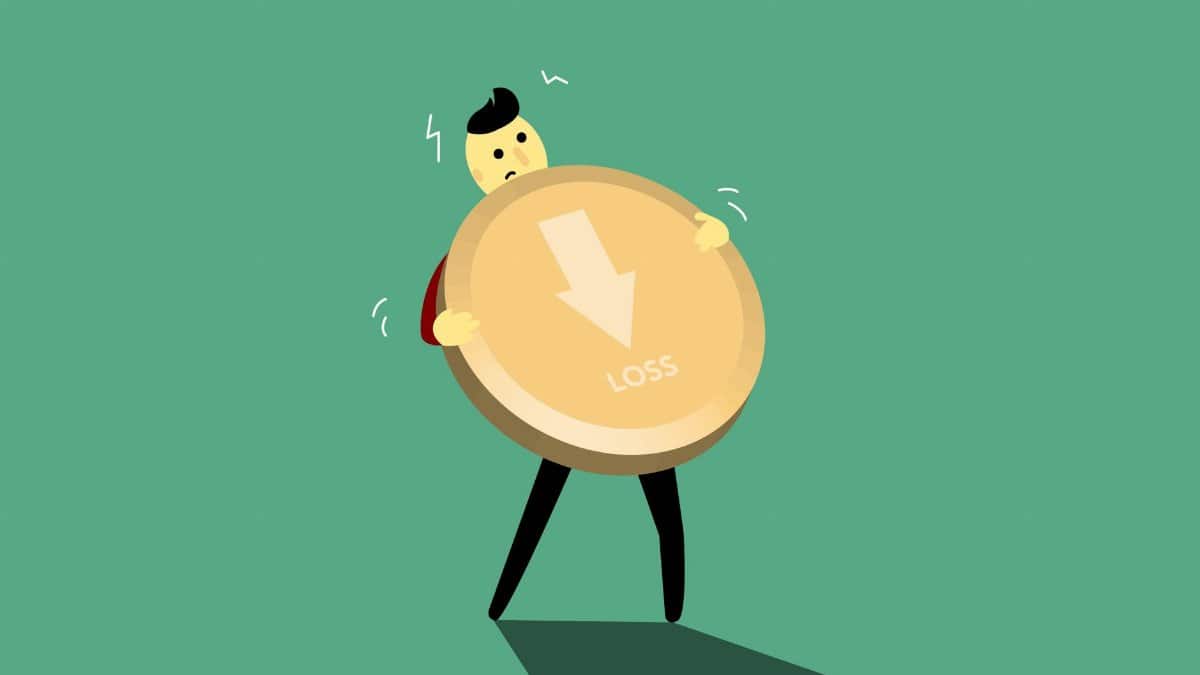 Illustration of a cartoon character struggling with a large coin symbolizing financial loss.