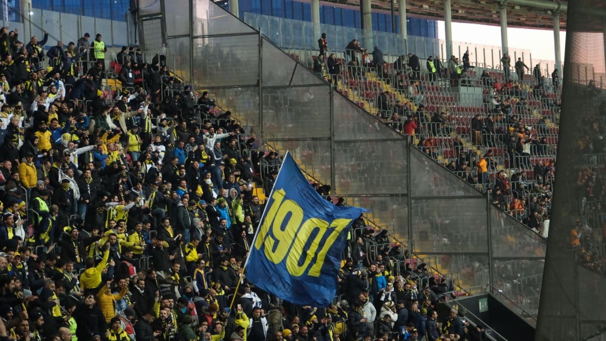 Excited football fans cheering with a prominent flag in a crowded stadium.