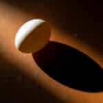 A brown egg casts a dramatic shadow on a textured orange surface with low-key lighting.