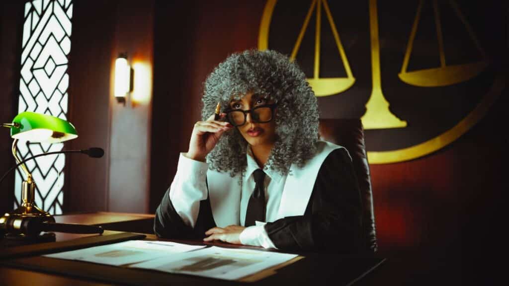 Judge in traditional attire sits at a courtroom desk with a serious expression.