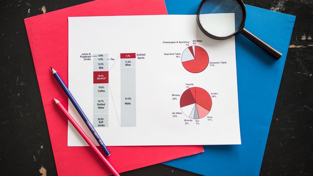 Overhead view of financial analysis charts with magnifying glass on colorful background, ideal for business concepts.