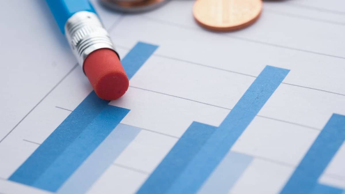 Close-up of bar graphs with a pencil and coins, symbolizing financial analysis.