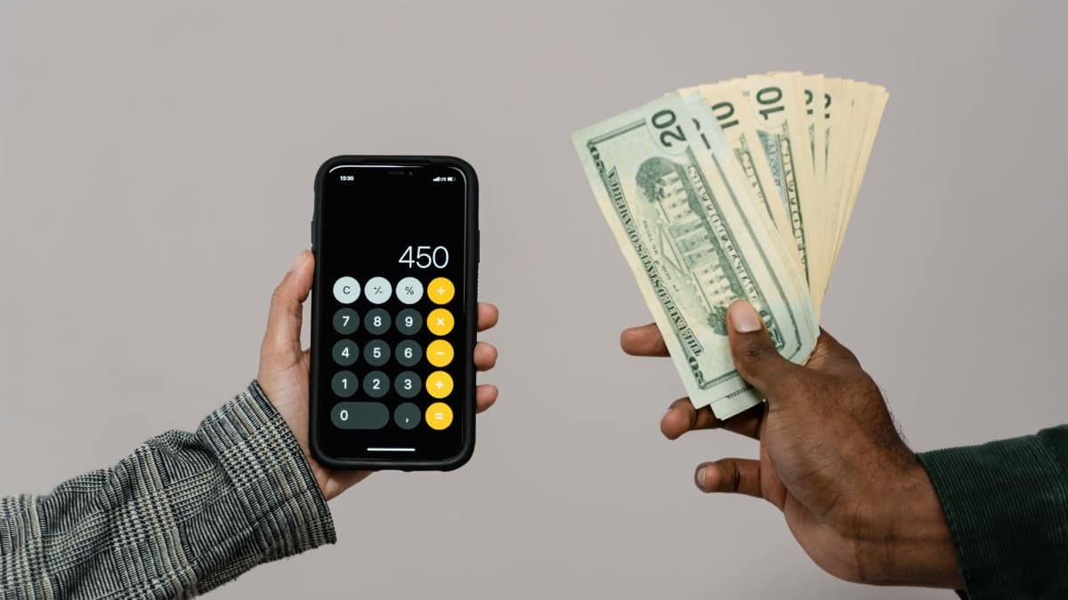 Two hands displaying cash and a smartphone calculator with a digital display, indicating a financial transaction.