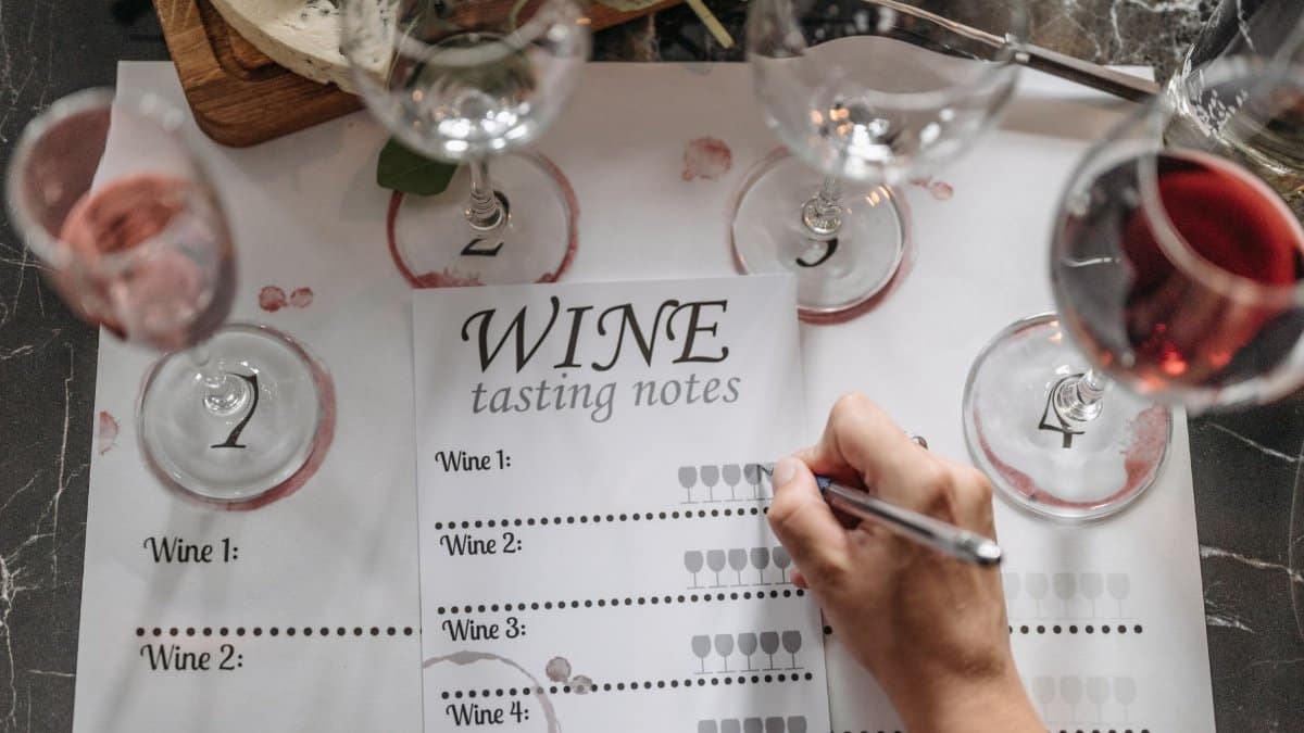 Overhead view of wine glasses and tasting notes in a refined setting.