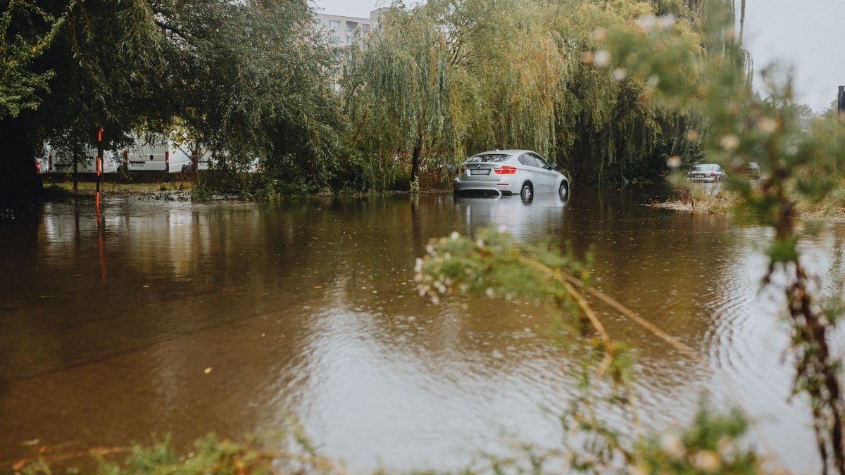 A car struggles through a flooded street surrounded by trees after a heavy rainstorm.