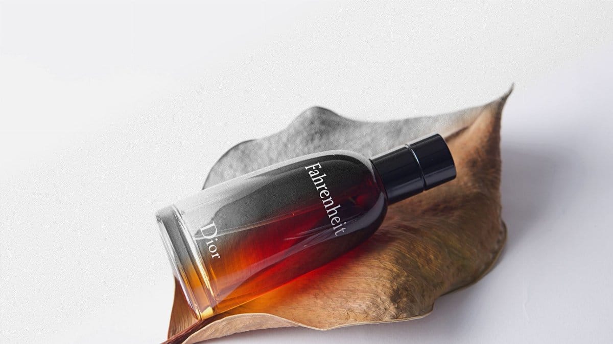 Elegant Dior Fahrenheit perfume bottle displayed artfully on a dried leaf.