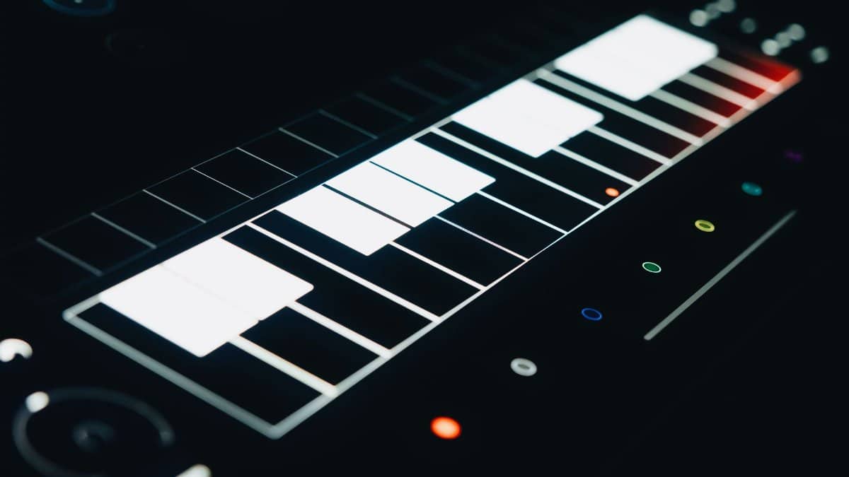 Top view of a modern glowing digital music interface with soft keys, perfect for audio and video production visuals.