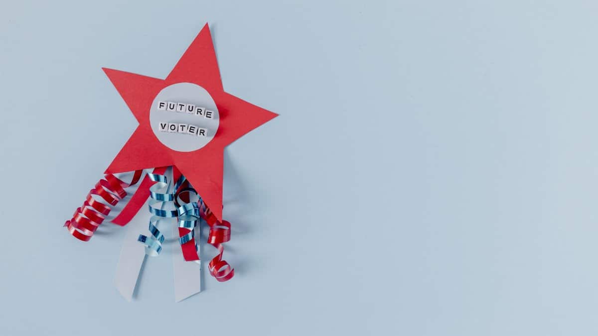 Red star with 'Future Voter' text and ribbons on a pastel blue background.