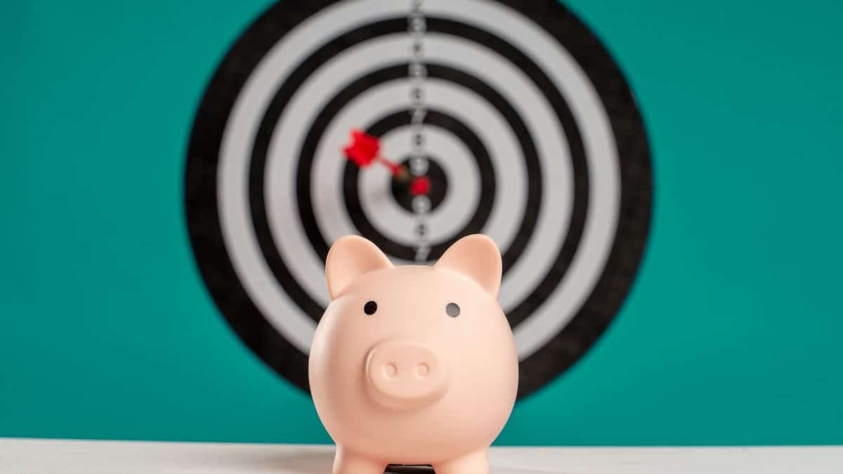 Piggy bank with bullseye dart board symbolizing financial goals and savings.