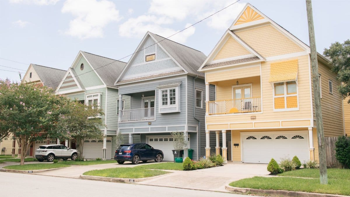Colorful residential homes in Houston Heights neighborhood, Texas.
