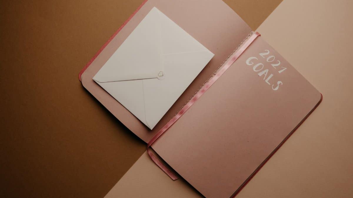 Flat lay of 2021 goals planner and envelope on a stylish brown background, perfect for planning imagery.
