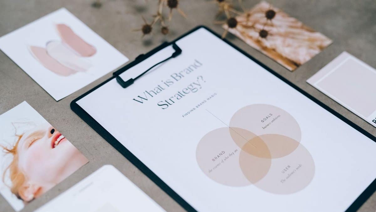 A close-up view of a brand strategy document on a desk surrounded by design artworks.