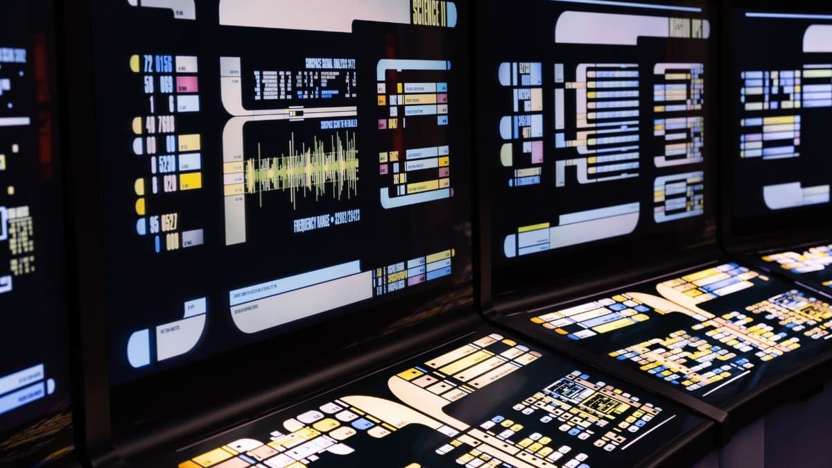 High-tech command center with advanced digital displays and control panels