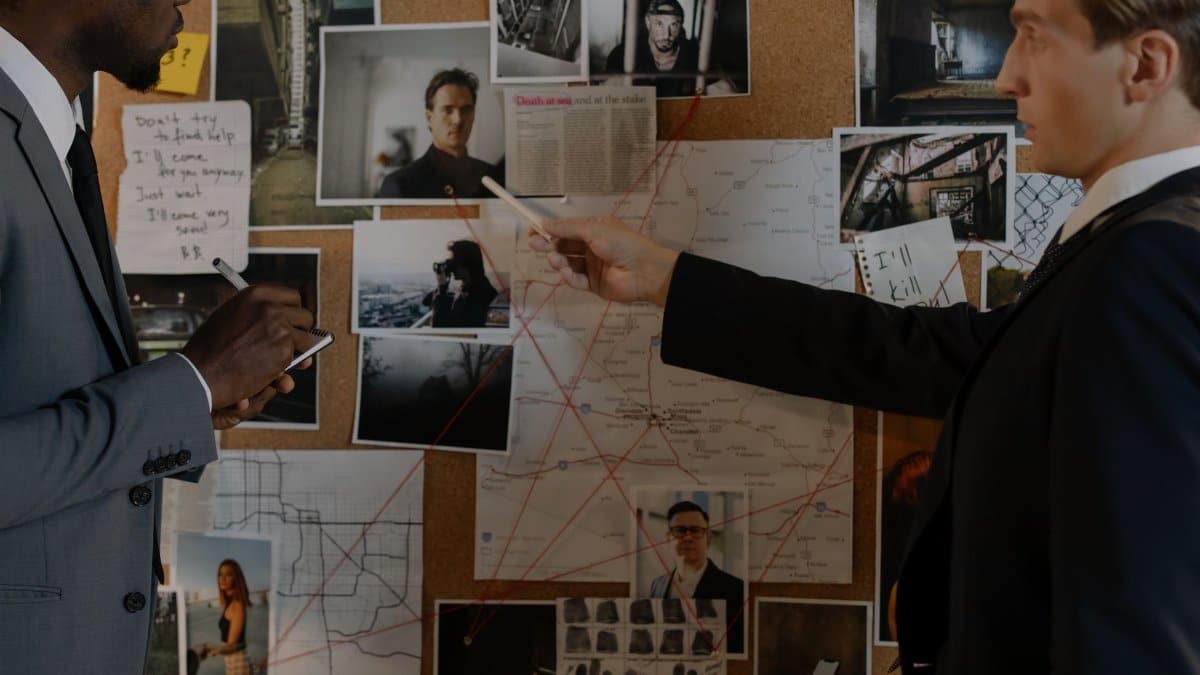 Two detectives analyze a crime board filled with photos, maps, and notes for an investigation.