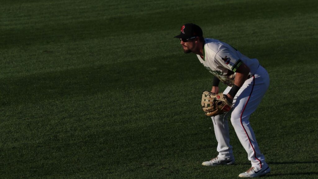 Baseball player in a ready stance on a sunlit grass field during a game.