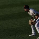 Baseball player in a ready stance on a sunlit grass field during a game.