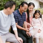 Family enjoying a sunny day in the park, sharing photos and creating memories.