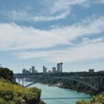 Scenic view of the Rainbow Bridge and skyline near Niagara Falls.