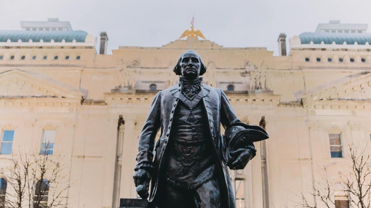 Monumental statue of George Washington outside the Indiana Statehouse, Indianapolis.