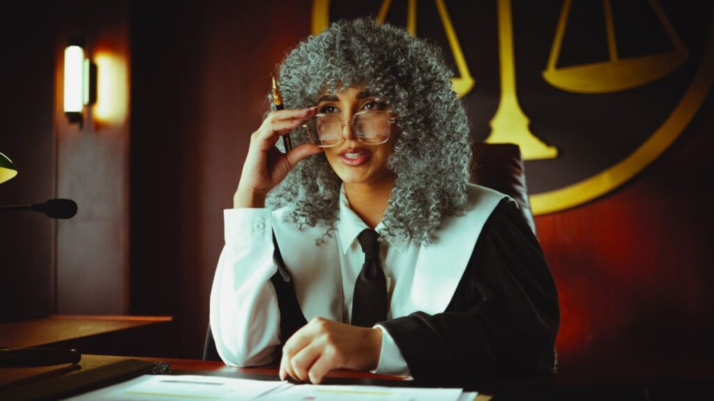 An elegant judge in robes sits at a desk in a courtroom, poised and authoritative.
