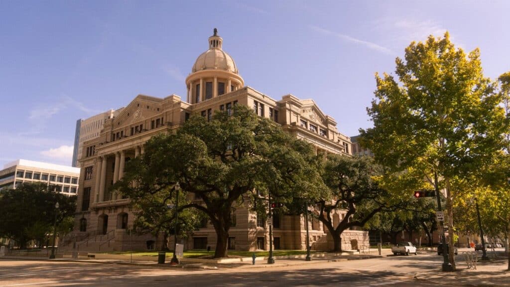 Stunning view of a historic courthouse building with trees, in downtown Houston, Texas.
