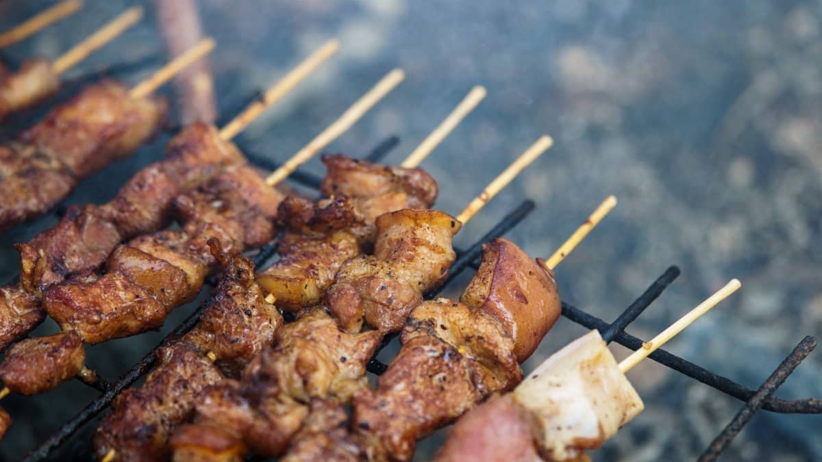 Close-up of delicious grilled meat skewers cooking on a barbecue grill, perfect for outdoor gatherings.
