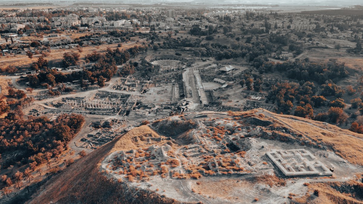 Stunning aerial shot of ancient ruins in Beit She'an, Israel, showcasing historical architecture.