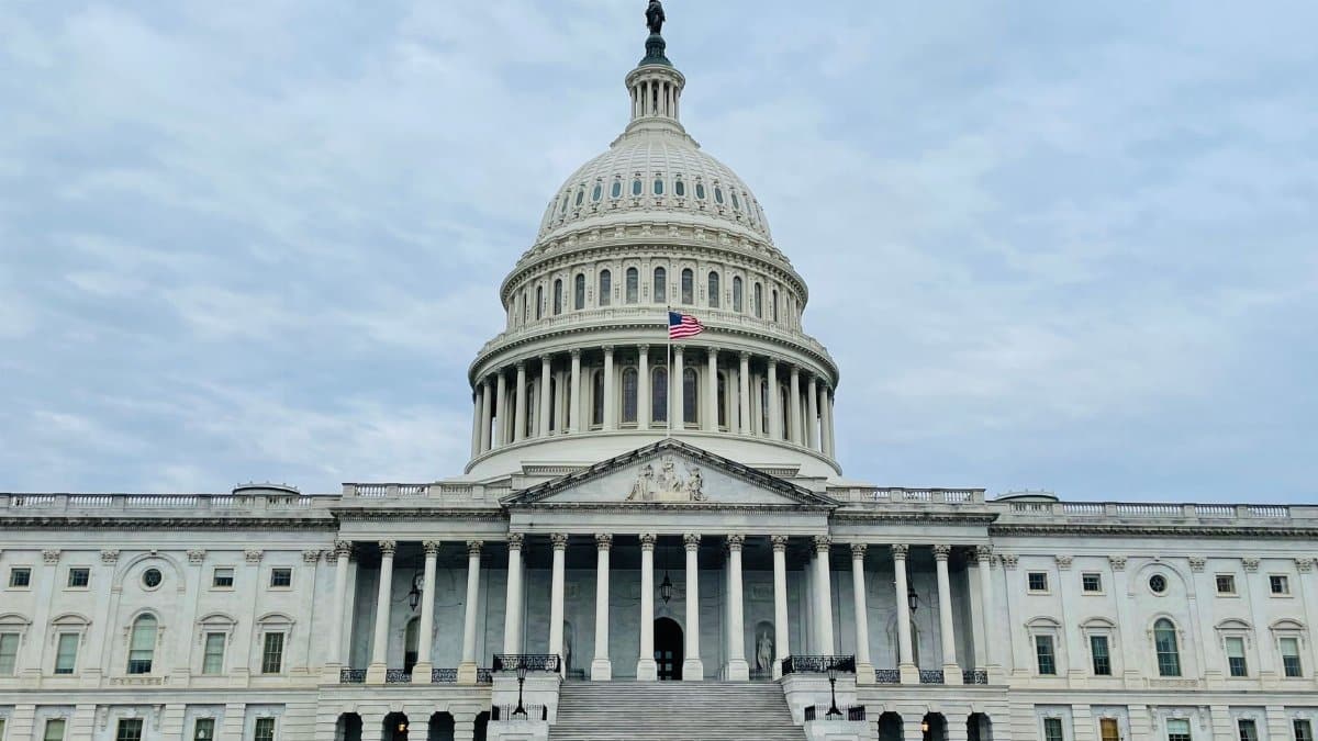 Front view of the iconic US Capitol Building in Washington DC, United States.