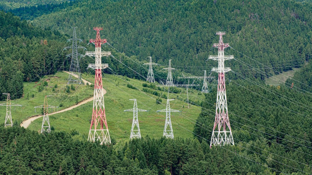 High voltage transmission towers stretching through lush green forest hills, showcasing energy infrastructure.