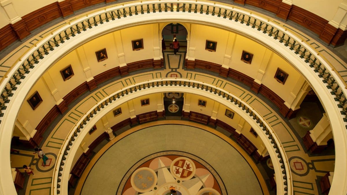 High angle view of the neoclassical ornate interior of the Texas State Capitol in Austin, Texas.