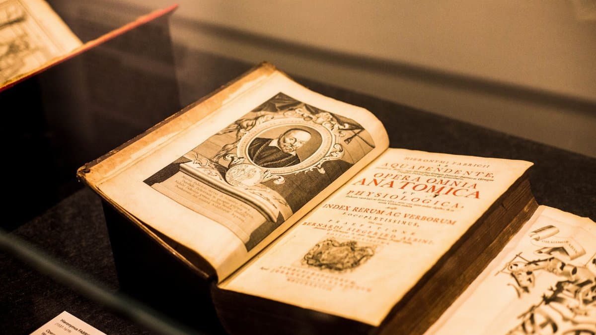 A vintage anatomy book displayed in a museum, showcasing detailed historical illustrations.