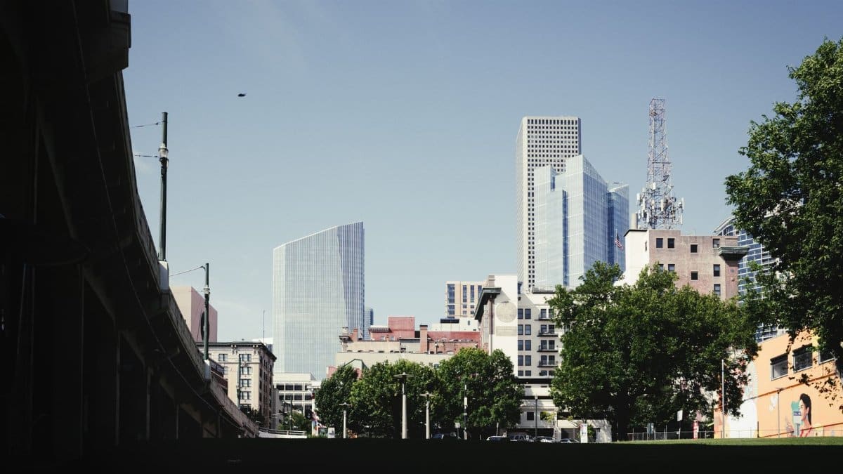 A view of the Houston skyline from a park, showcasing modern architecture under clear skies.