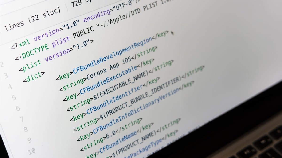 Detailed view of XML coding on a computer screen, showcasing software development.