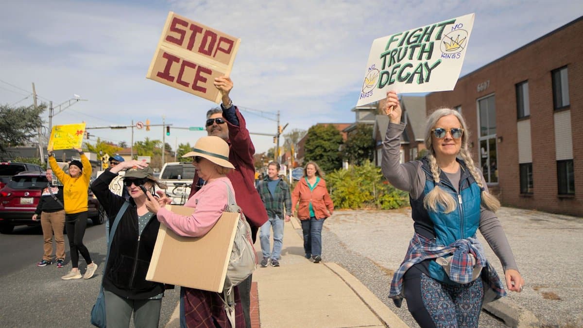 A diverse group peacefully protests in Towson, Maryland, holding signs for various causes.