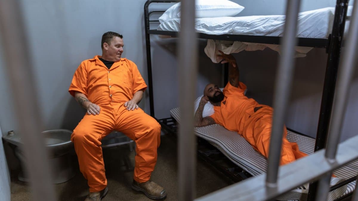 Two inmates in orange uniforms in a prison cell with a bunk bed setting.