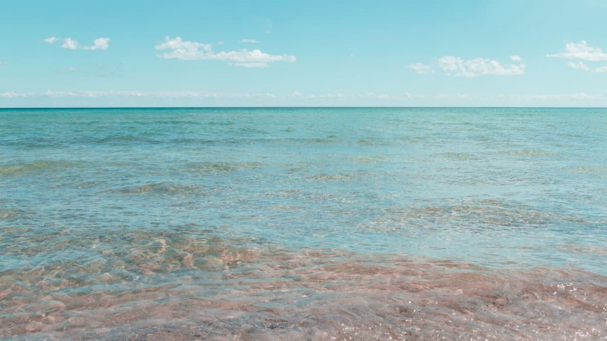 Tranquil shoreline scene with clear skies at East Tawas, Michigan, USA.