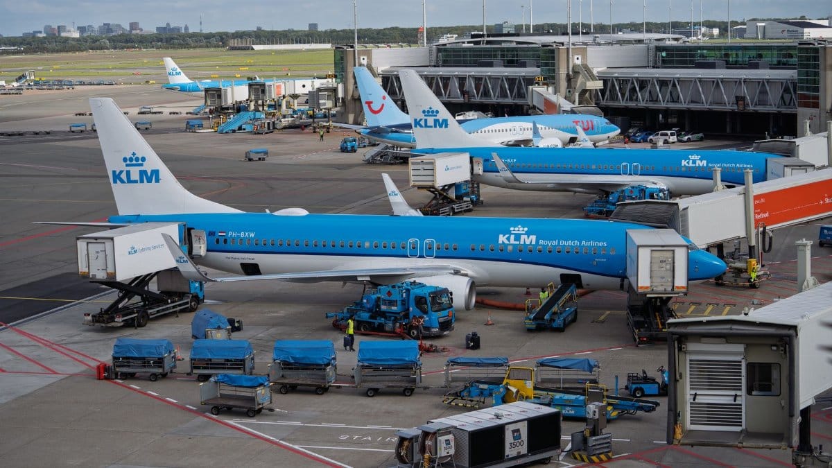 Multiple KLM aircraft at Amsterdam Schiphol Airport terminal with blue ground support equipment.
