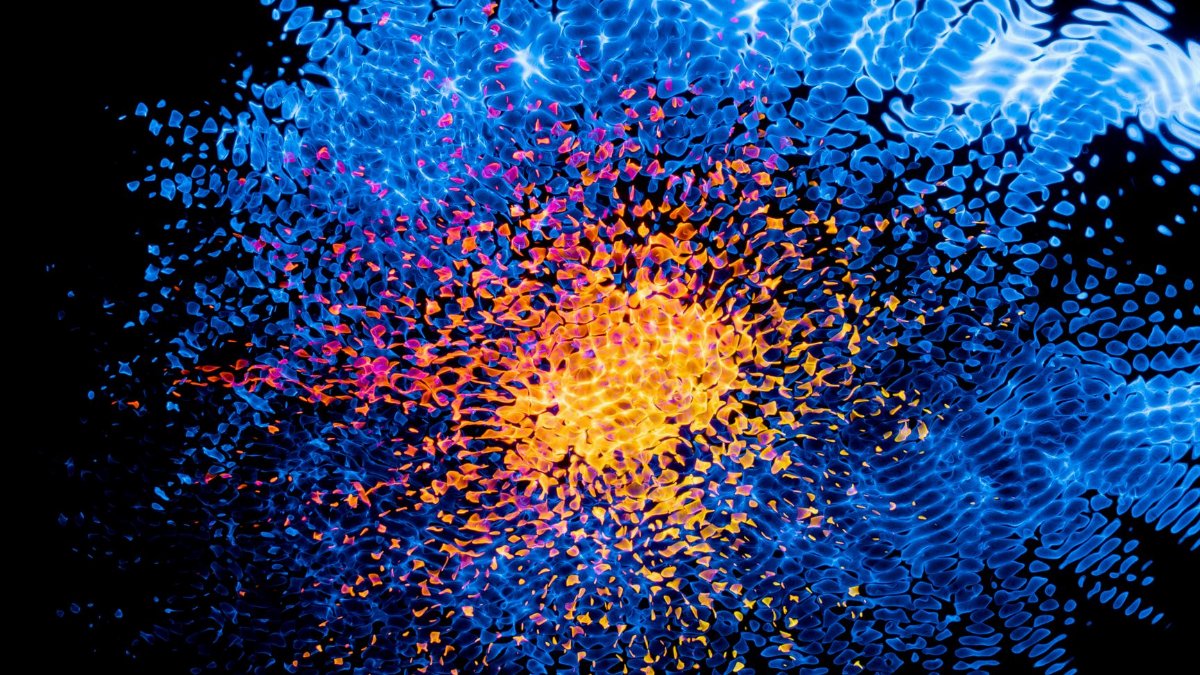 Dynamic abstract art featuring a vibrant fusion of blue and orange patterns.