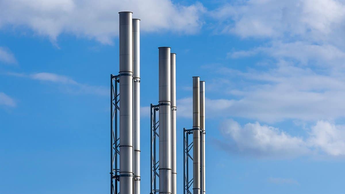 Three towering industrial chimneys silhouetted against a clear blue sky with white clouds.