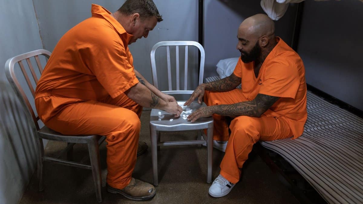 Two inmates in orange uniforms playing on chairs in a prison cell setting.