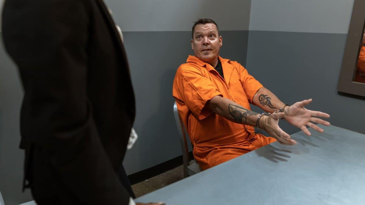 A prisoner in an orange jumpsuit sits handcuffed at a table in an interrogation room.