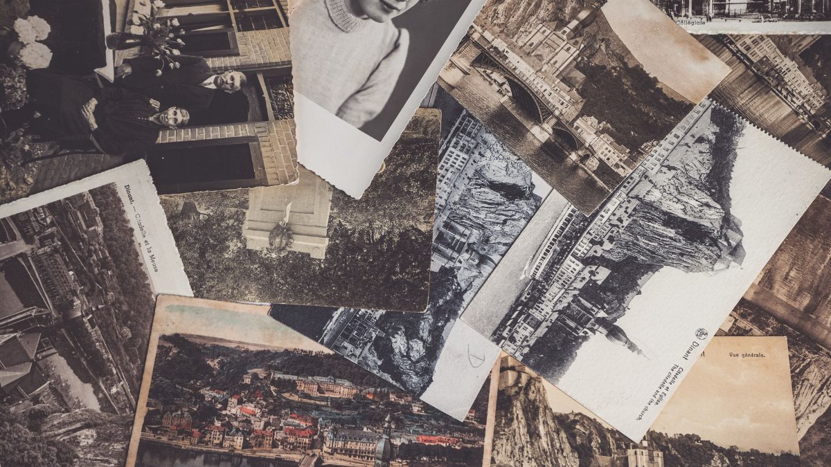 A collection of vintage black-and-white photographs and postcards with historical significance.
