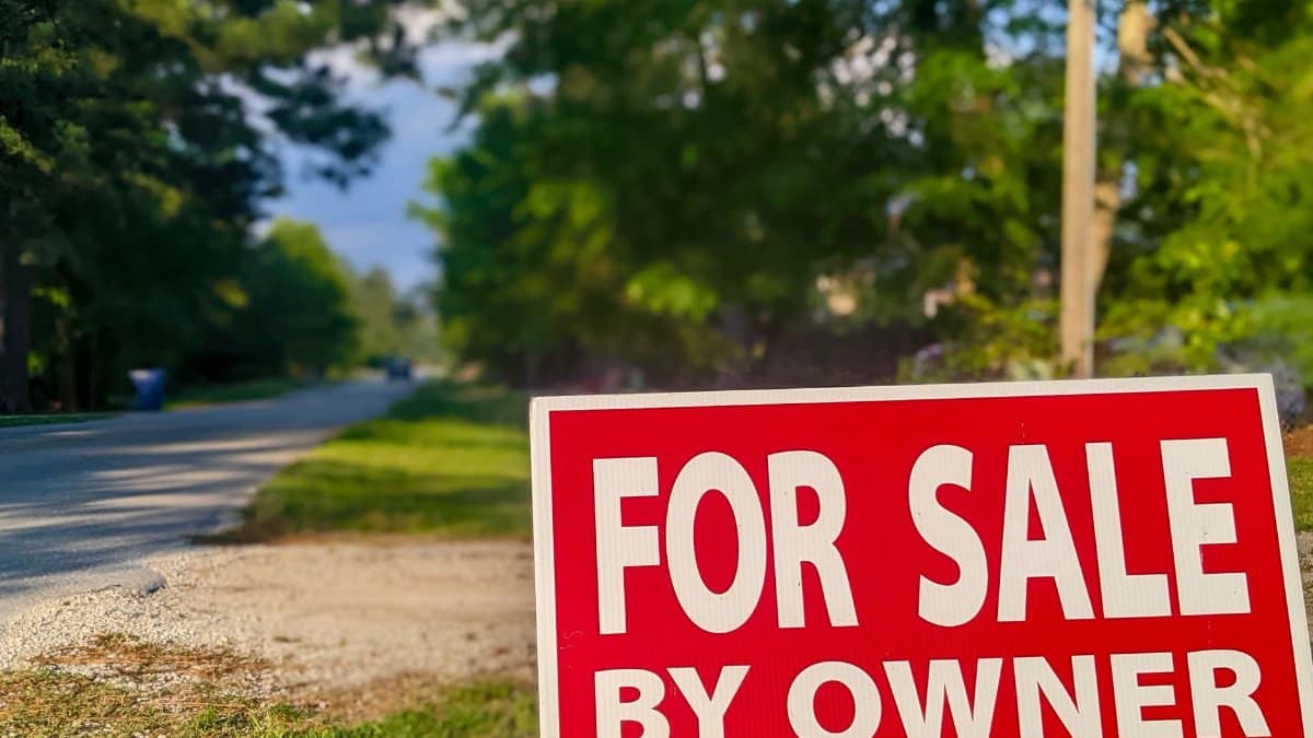 Close-up of a red 'For Sale By Owner' sign alongside a rural road with trees.