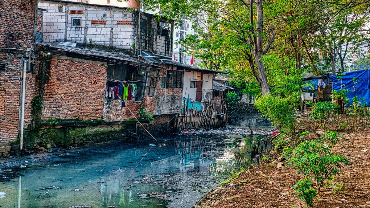 Rustic riverside houses in Jakarta, Indonesia, capturing urban nature scene.
