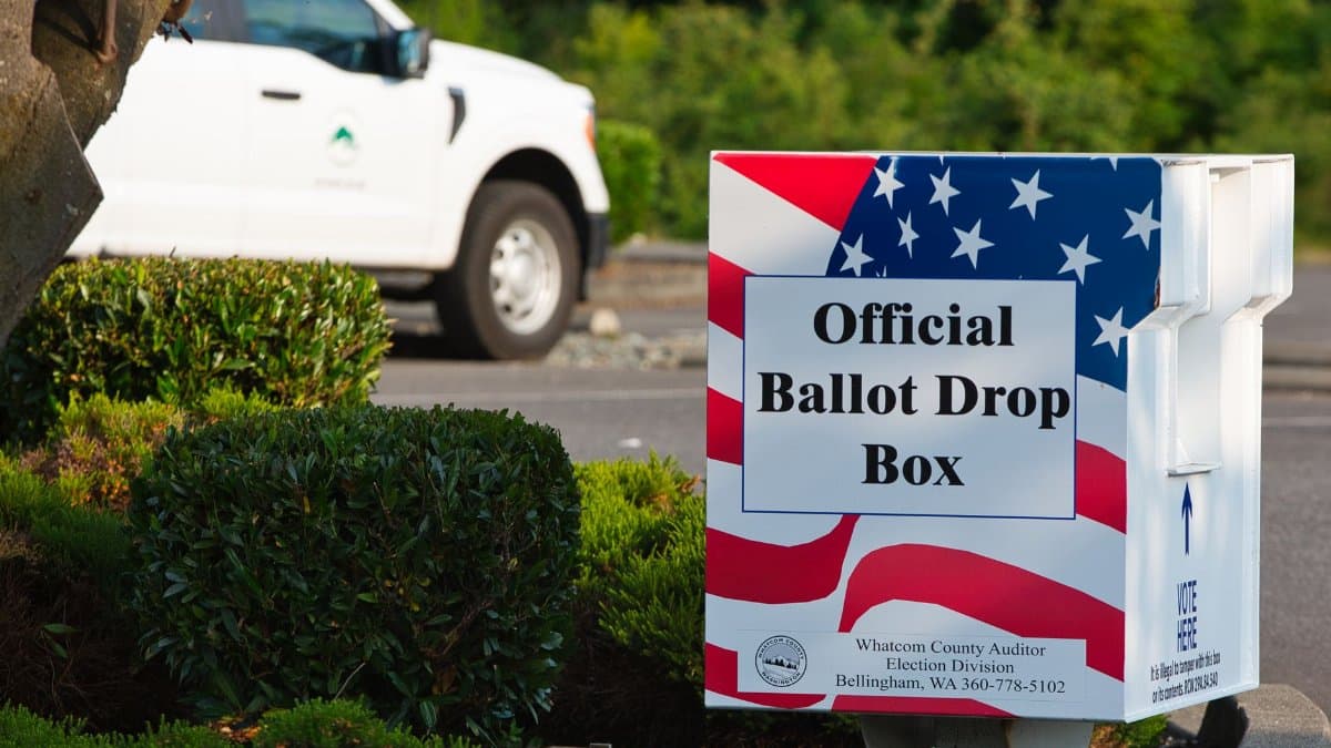 Patriotic ballot drop box in Ferndale, Washington for US elections.