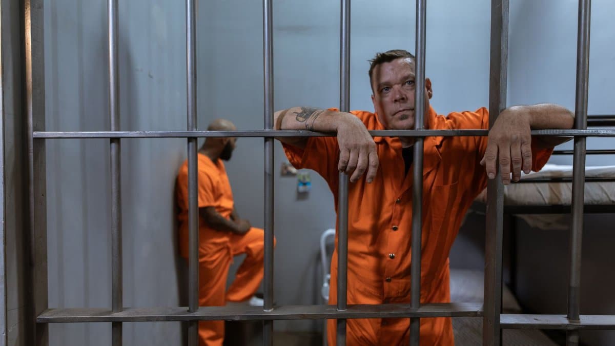 Two inmates in a prison cell wearing orange uniforms reflecting on their situation.