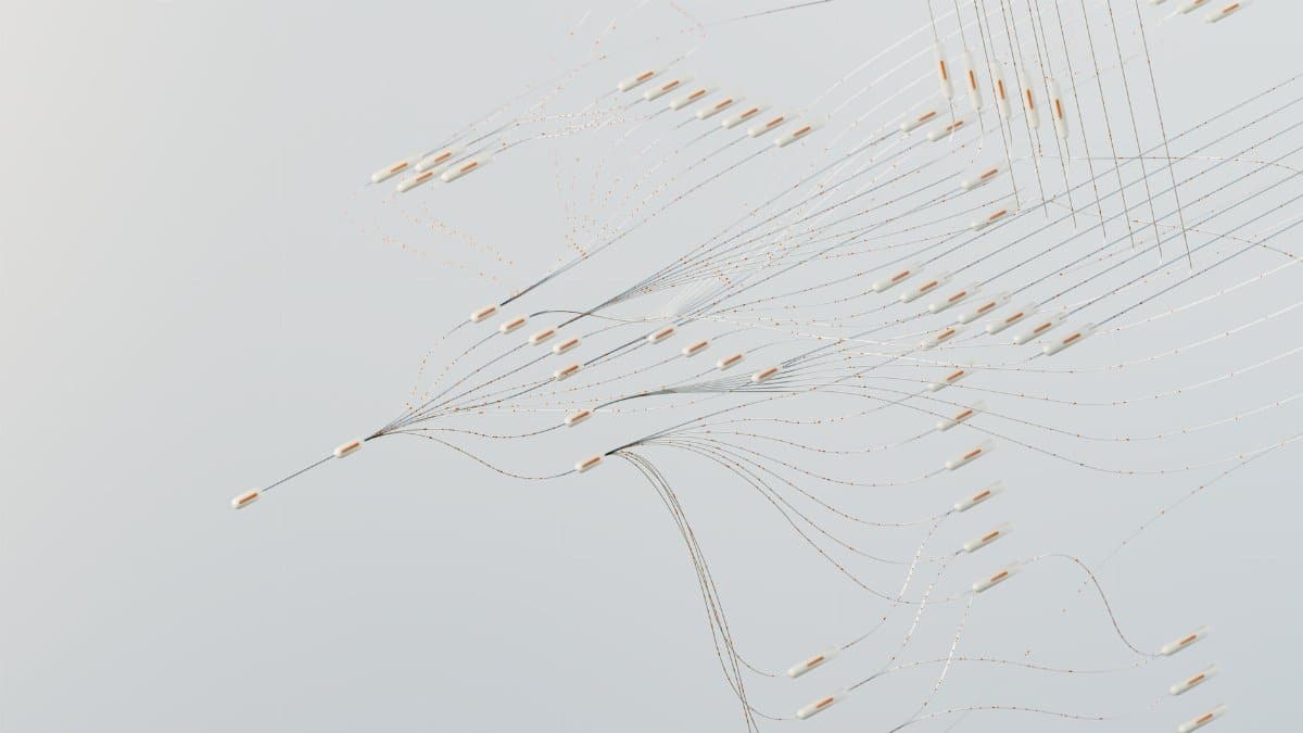 Abstract illustration depicting complex digital neural networks and data flow.