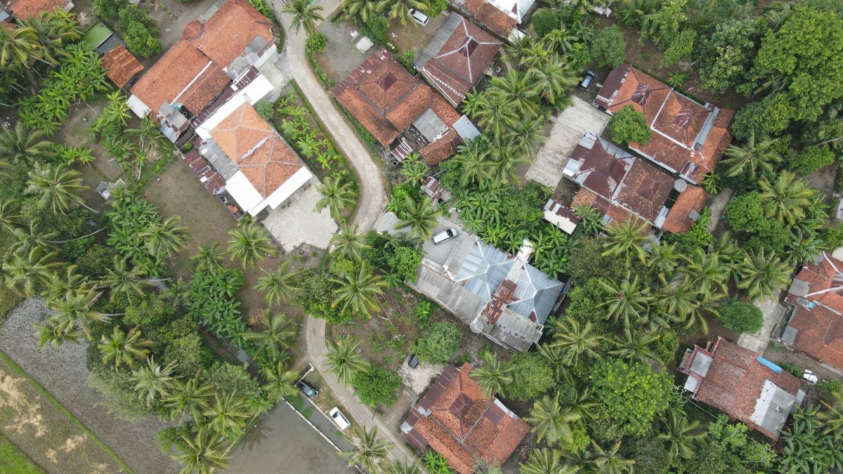 Aerial view of rural village with red roofs and lush green tropical vegetation.