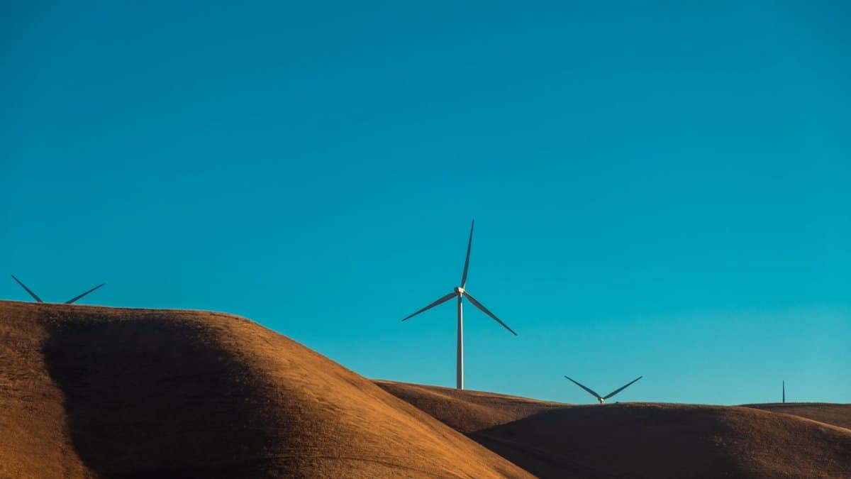 Wind turbines on sandy dunes under a clear blue sky, showcasing renewable energy in a desert environment.