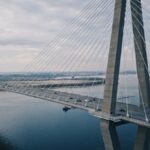 Drone shot highlighting the modern cable-stayed Arthur Ravenel Jr Bridge in South Carolina over tranquil waters.